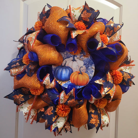 Blue&Orange Deco mesh pumpkin wreath with sign