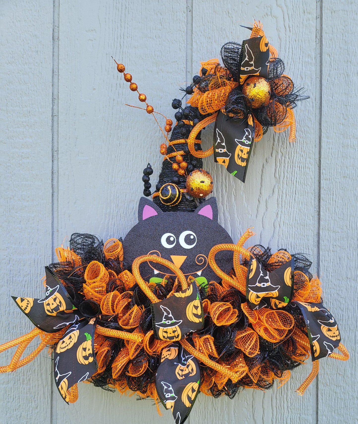 Halloween Black Cat with Multicolored Ribbon with black mesh